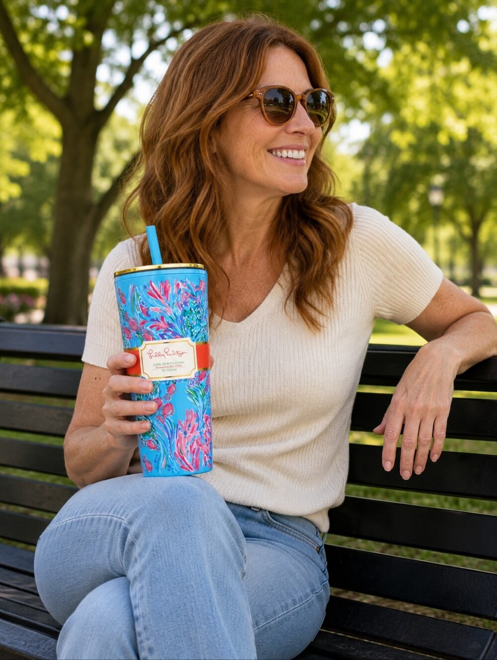 Lilly Pulitzer Blue Floral Travel Tumbler with Pink & Green Accents